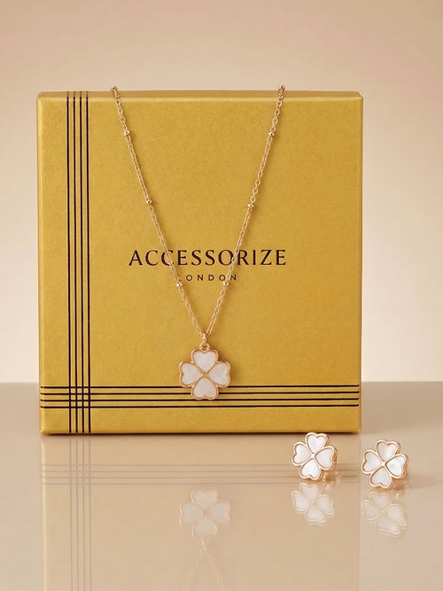 Elegant White Lucky Clover Necklace & Earrings Gift Set Pack of 2