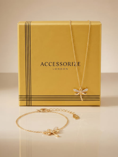 Gold-Tone Crystal Dragonfly Necklace and Bracelet Gift Set Pack of 2