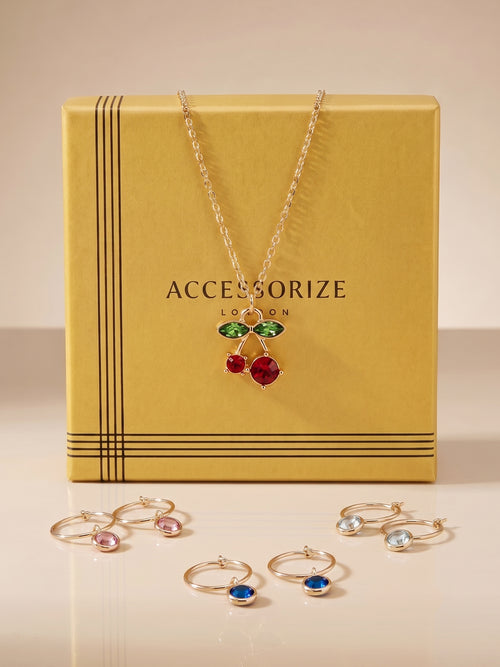 Crystal Cherry Necklace & Gemstone Hoop Earring Gift Set Pack of 2
