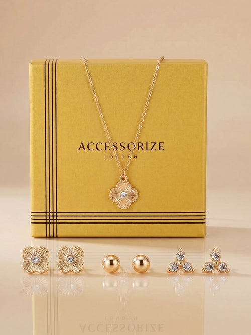 Diamanté Clover Necklace & Multi-Stud Earring Gift Pack of 2