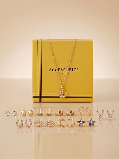 Anchor Pendant Necklace & Lucky Western Stud Earrings Gift Set Pack of 2