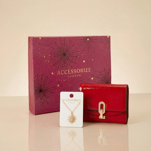 Red Glossy Wallet and Sun Pendant Necklace Gift Pack of 2