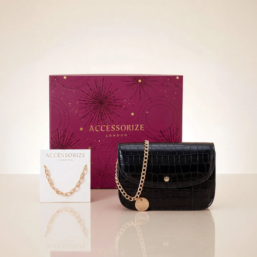 Black Croc-Effect Sling Bag and Chain Bracelet Gift Pack of 2