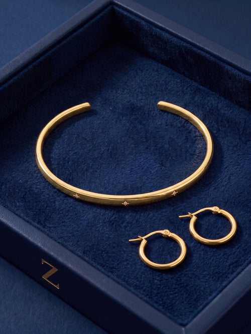 14k Gold-Plated Star Bangle & Waterproof Hoop Earring Gift Set Pack of 2