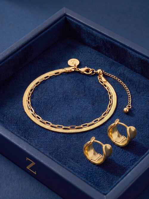14k Gold-Plated Omega Layered Bracelet & Molten Hoop Earring Gift Set Pack of 2