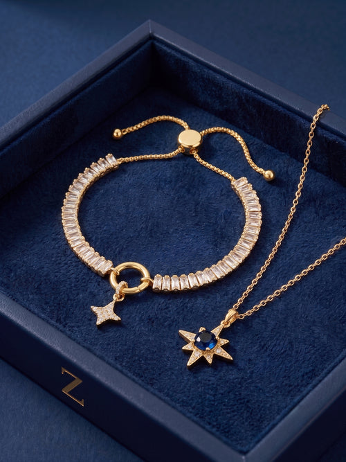 14k Gold-Plated Gem Star Necklace & Baguette Toggle Charm Bracelet Gift Set Pack of 2