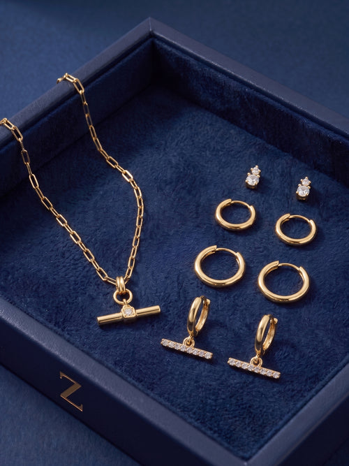 14k Gold-Plated T-Bar Necklace &  Stud & T-Bar Hoop Earring Pack Gift Set Pack of 2