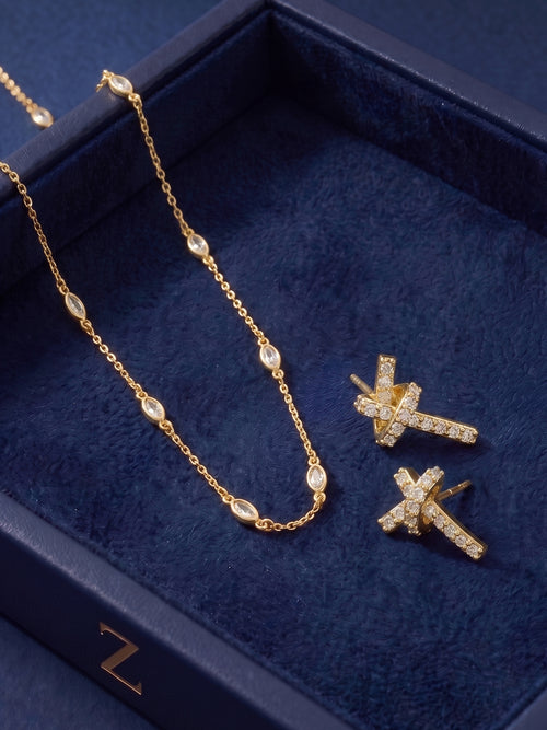 14k Gold-Plated Cubic Zirconia Necklace & Stud Knot Earring Gift Set Pack of 2