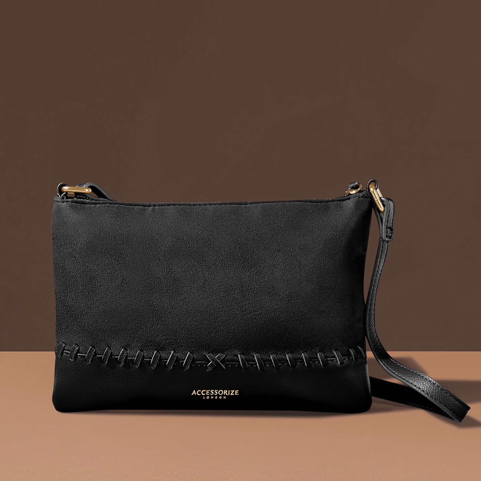 Black Faux Leather Stitch Detail Sling Bag For Women