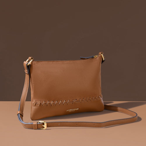 Accessorize London Women's Brown Faux Leather Stitch Detail Sling Bag