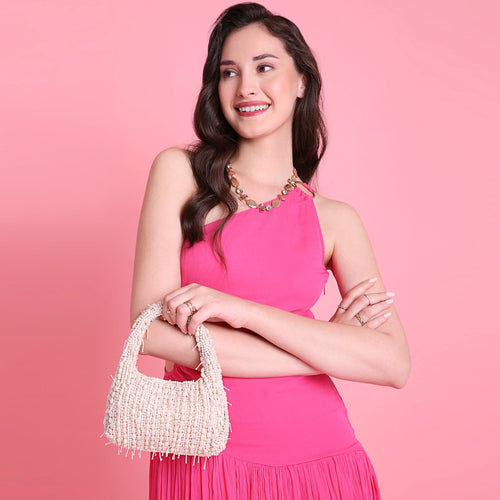 Cream Pearl Embellished Chain Strap Handheld Bag