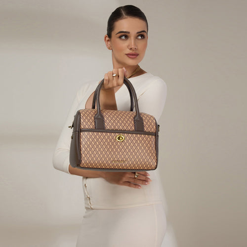 Brown Monogram Printed Bowler Satchel Handbag
