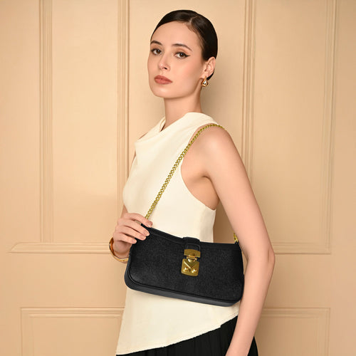 Black Harmony  Chain Shoulder Bag with Gold Lock