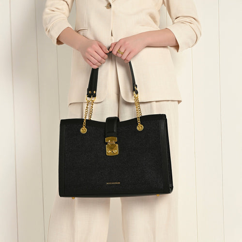 Black Rhythm Structured Tote Bag with Chain Handle