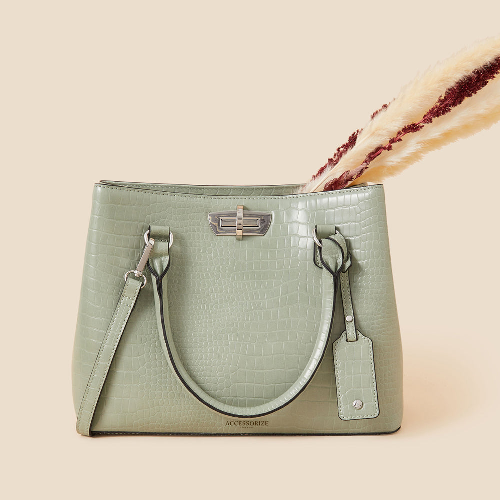 Accessorize London Women's Faux Leather Green Faux Croc Handheld Bag