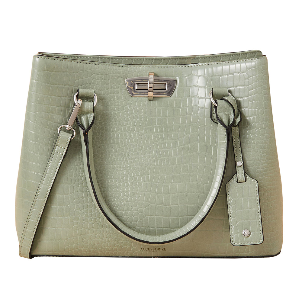 Accessorize London Women's Faux Leather Green Faux Croc Handheld Bag