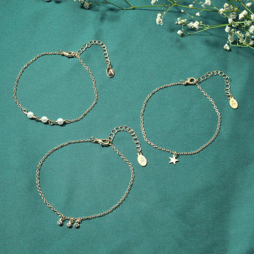 Accessorize London Women's Star And Pearl Anklets Pack Of 3