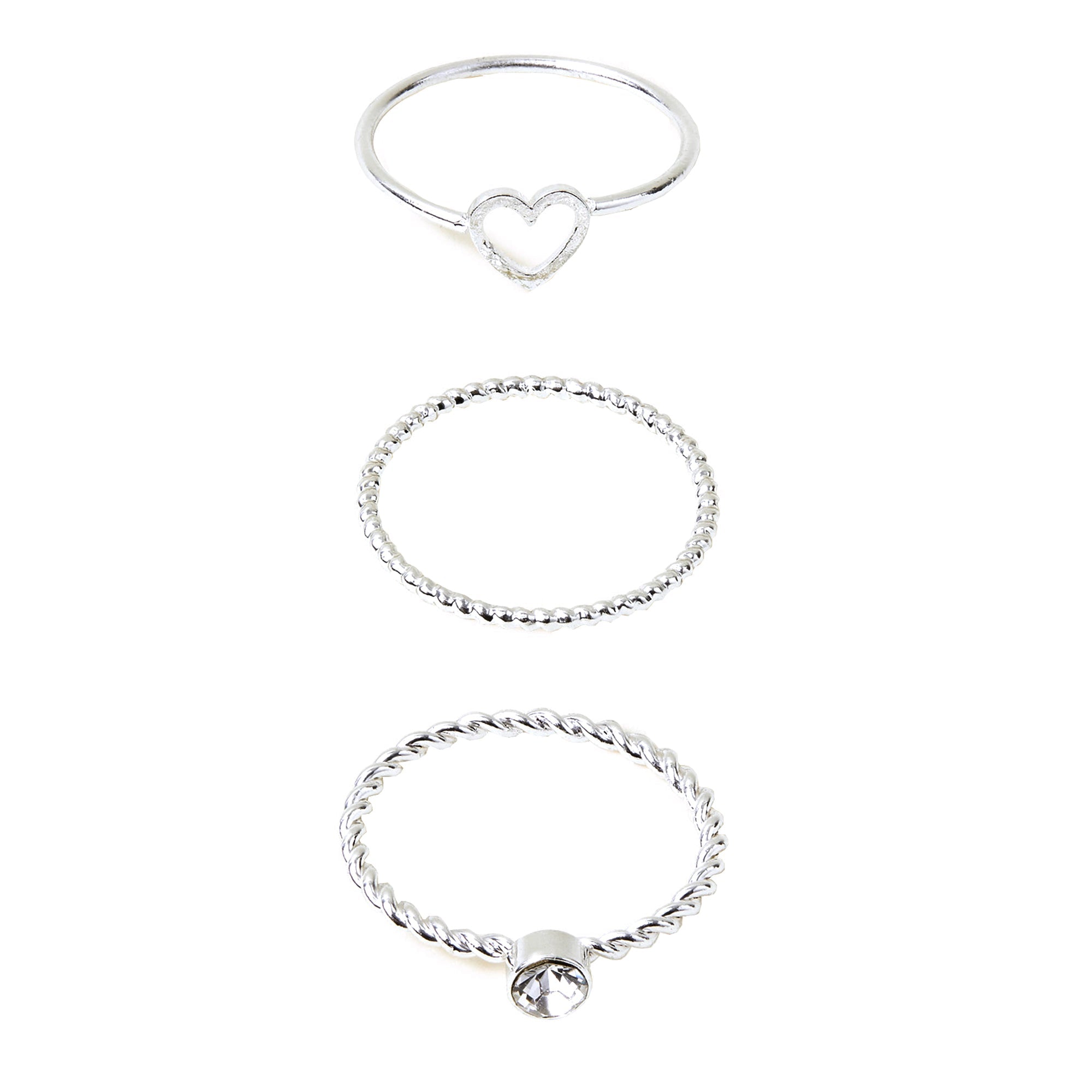 Pack Of 3 Medium Silver Heart Gem Rings