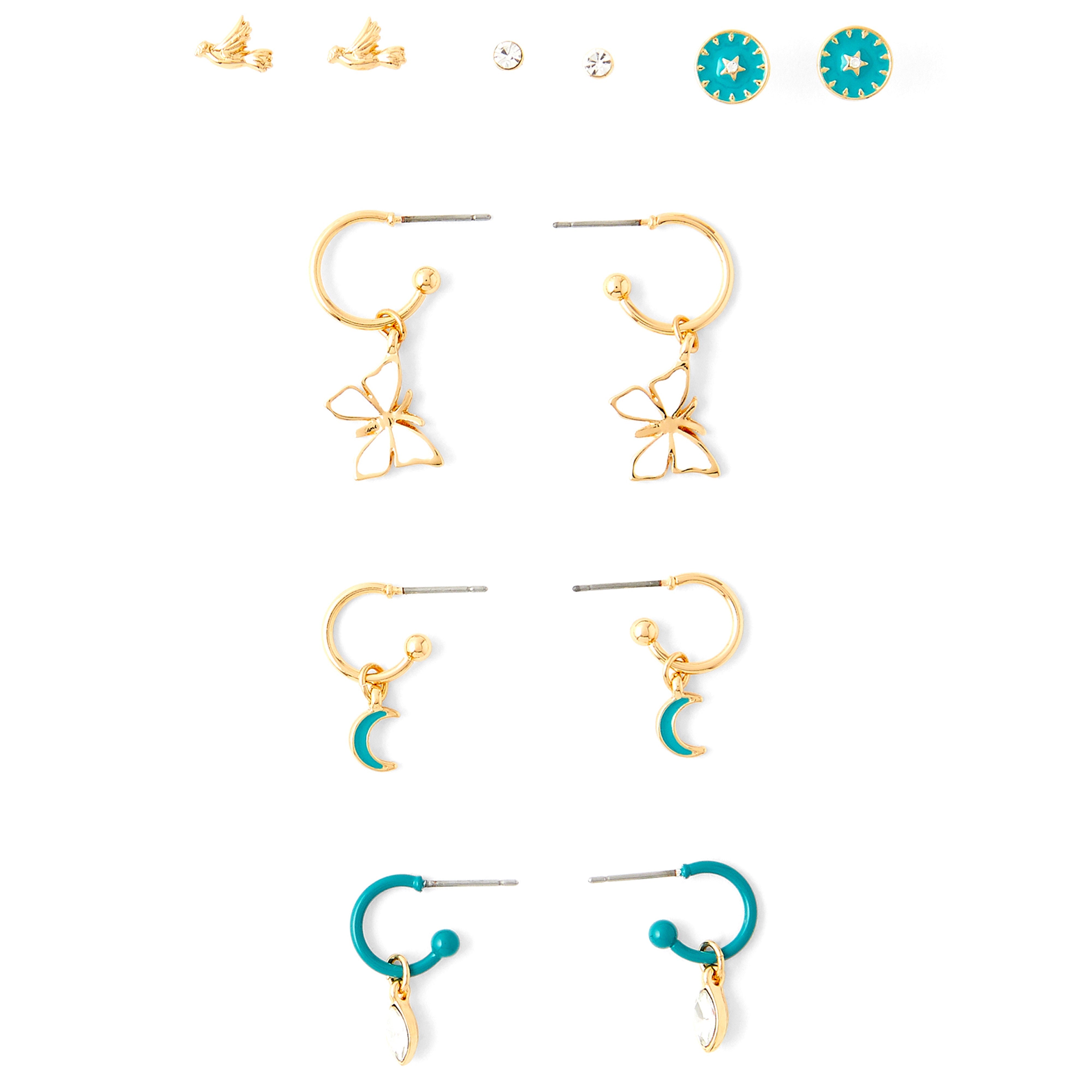 Accessorize London Women's Bue Set of 6 Butterfly Enamel Stud & Hoop Earring pack
