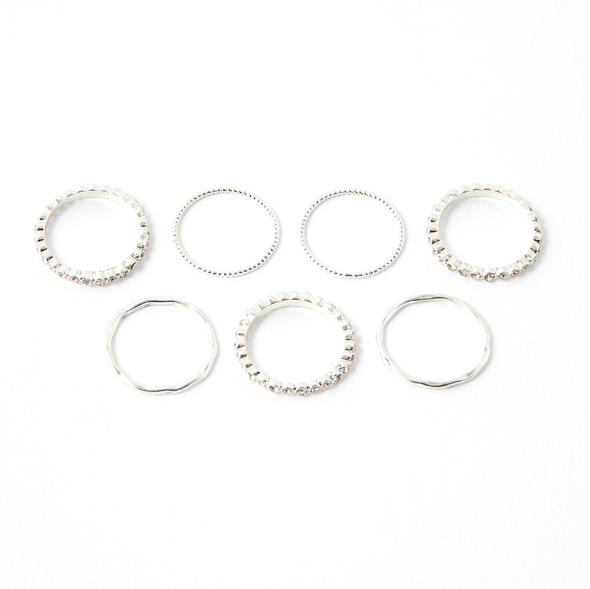Accessorize London Women's Silver set of 7 Pave Organic Stacking Rings-Small