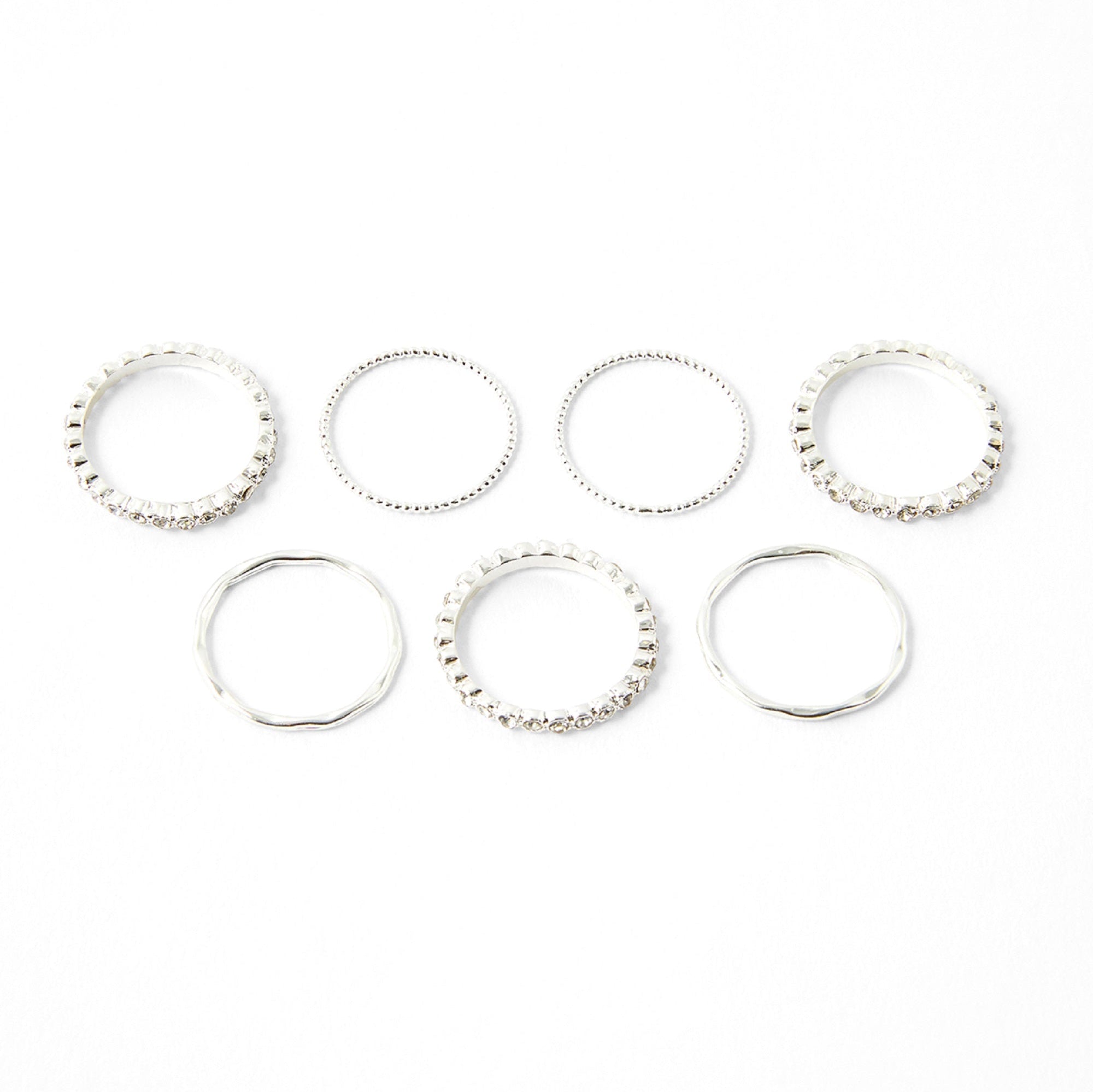 Accessorize London Women's Silver set of 7 Pave Organic Stacking Rings