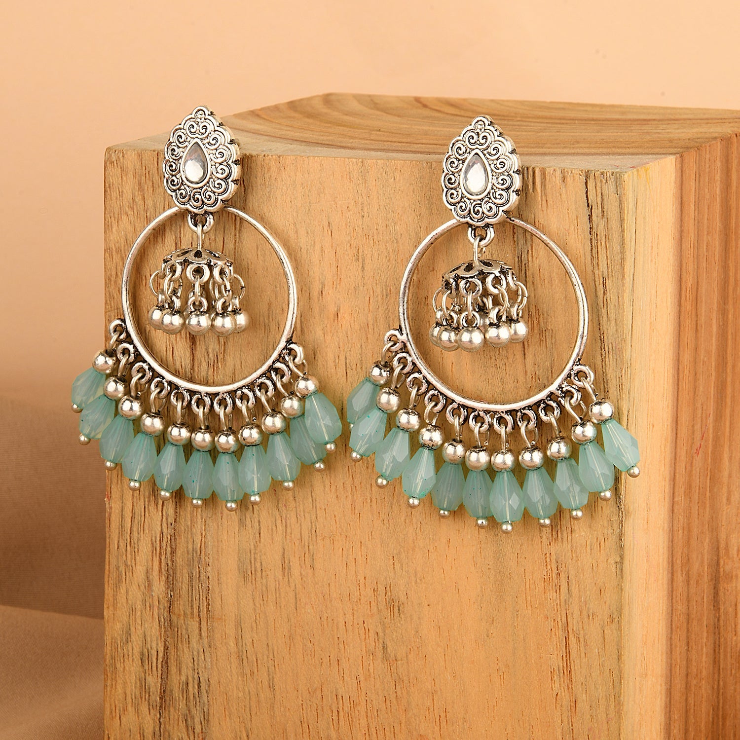 Accessorize London Women's Silver & Blue Droplet Chandbali Earring