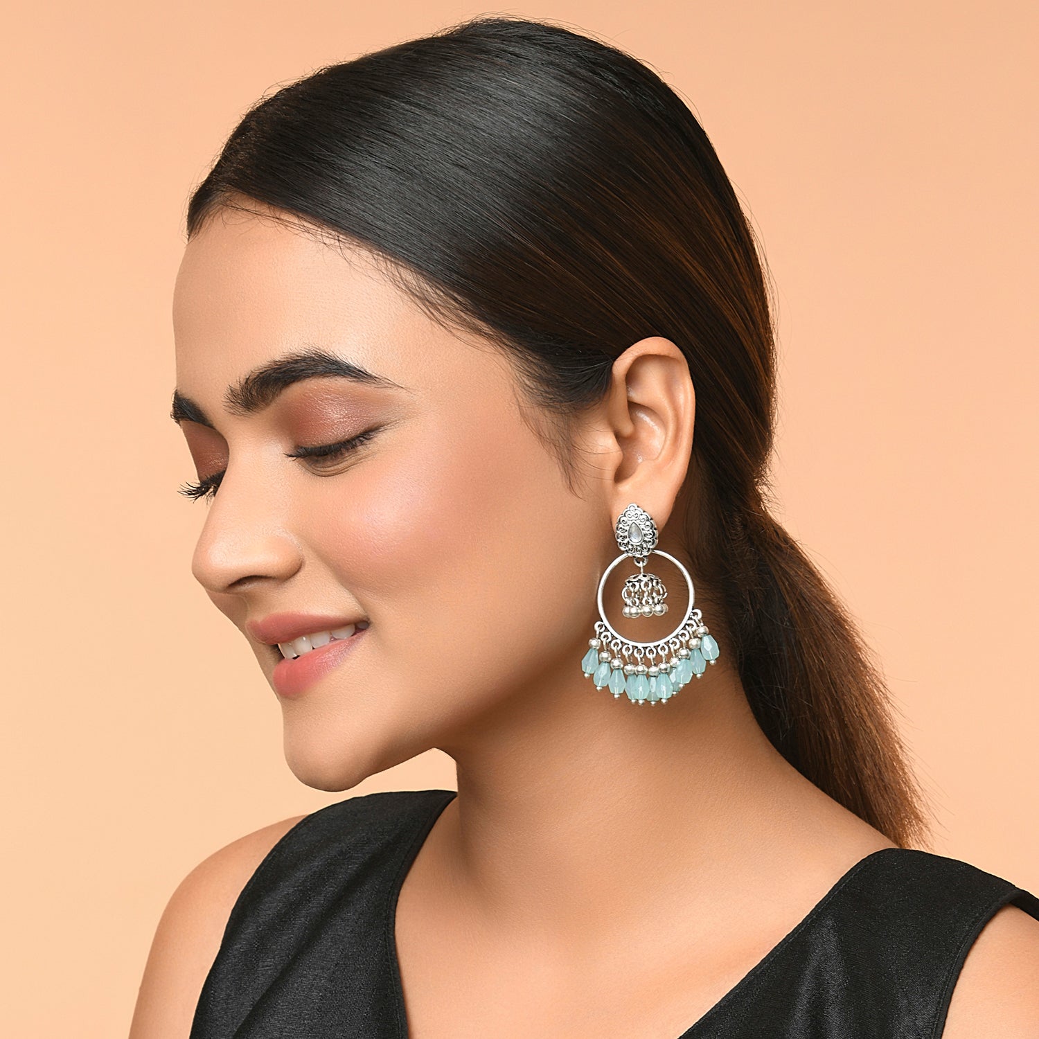 Accessorize London Women's Silver & Blue Droplet Chandbali Earring