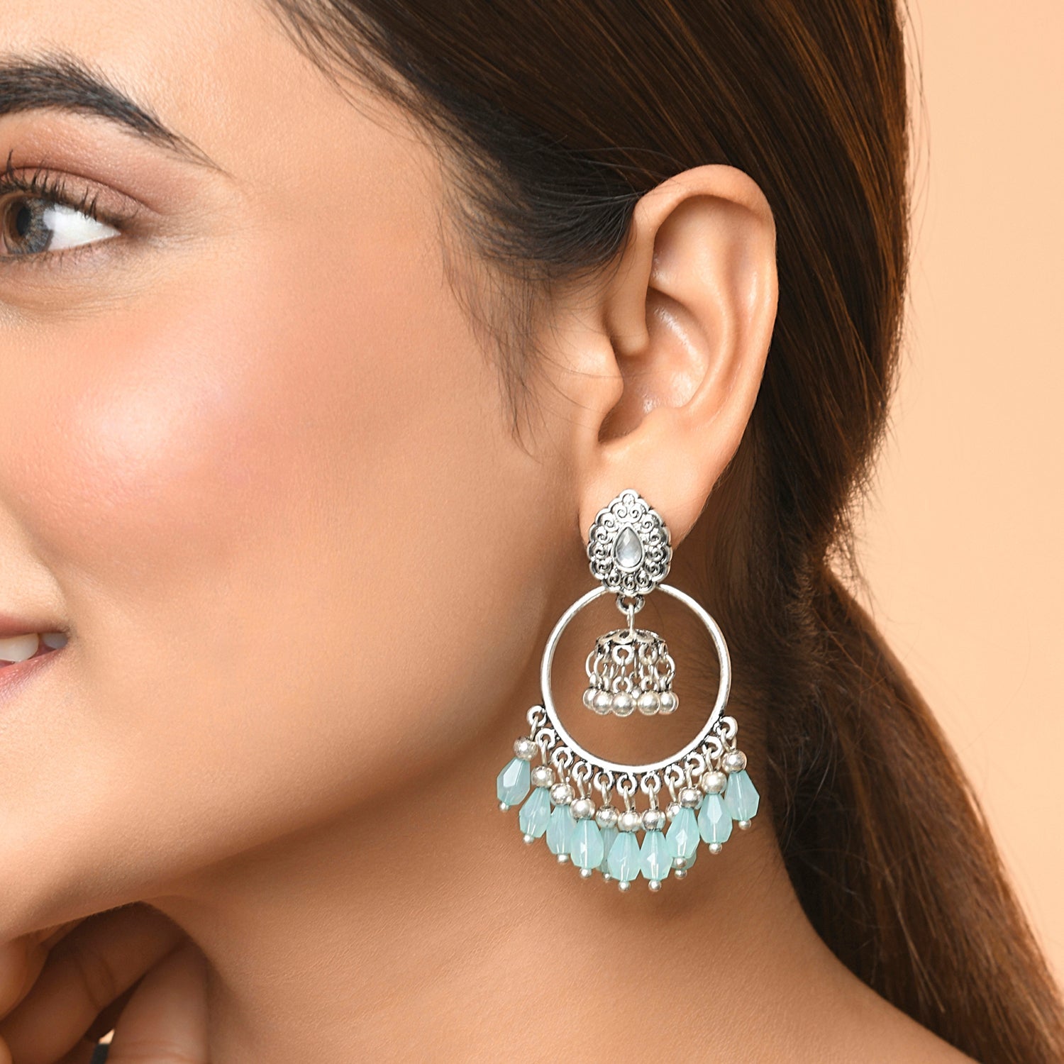 Accessorize London Women's Silver & Blue Droplet Chandbali Earring