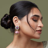 Accessorize London Women'S Enamel Blue And Pink Lotus Jhumka Earring