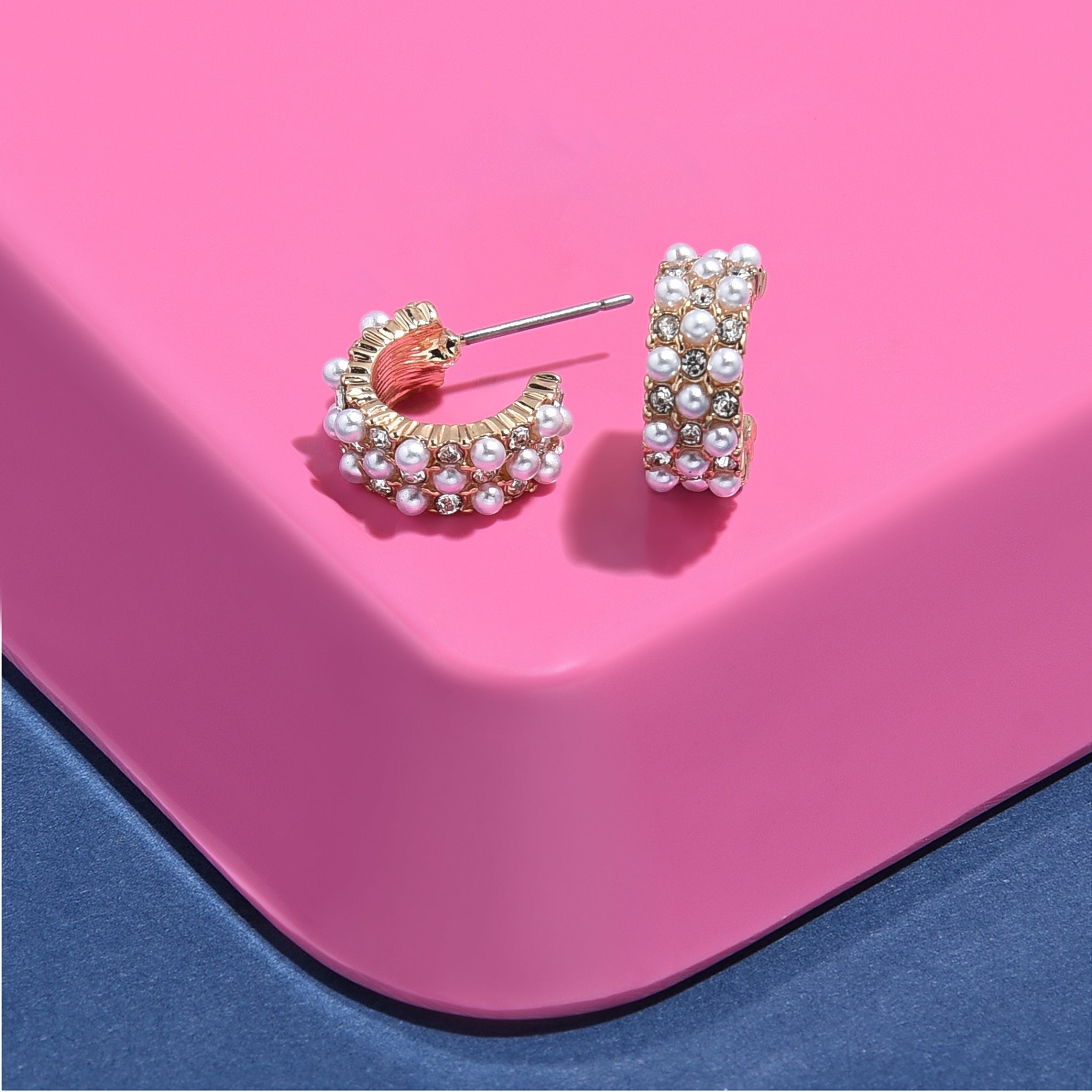 Accessorize London Women's Gold Berry Blush Diamante & Pearl Small Hoop Earring