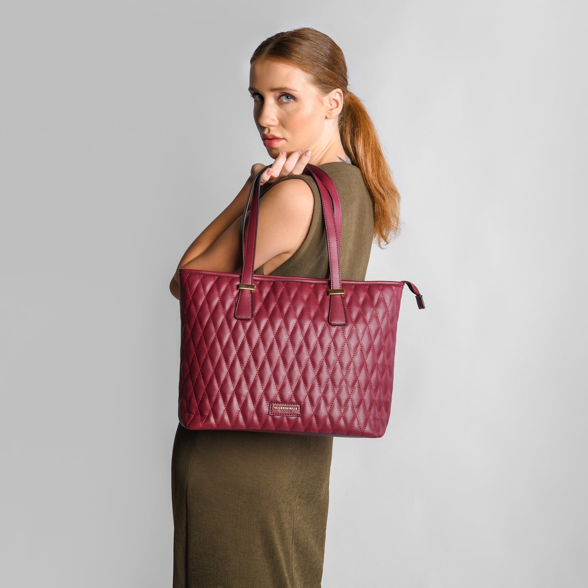 Accessorize London Women's Faux Leather Maroon Lannister quilted tote Bag
