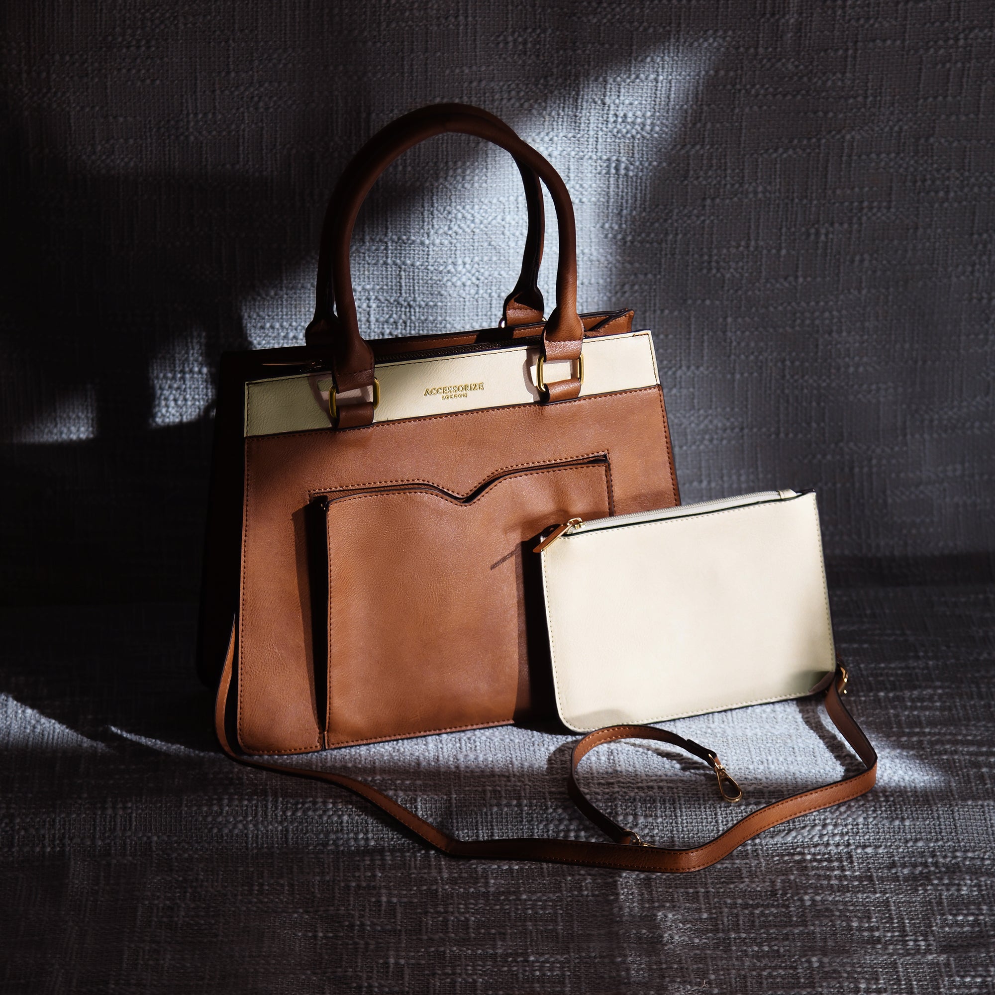 Accessorize London Women's Faux Leather Tan Athena Color Block handheld Bag