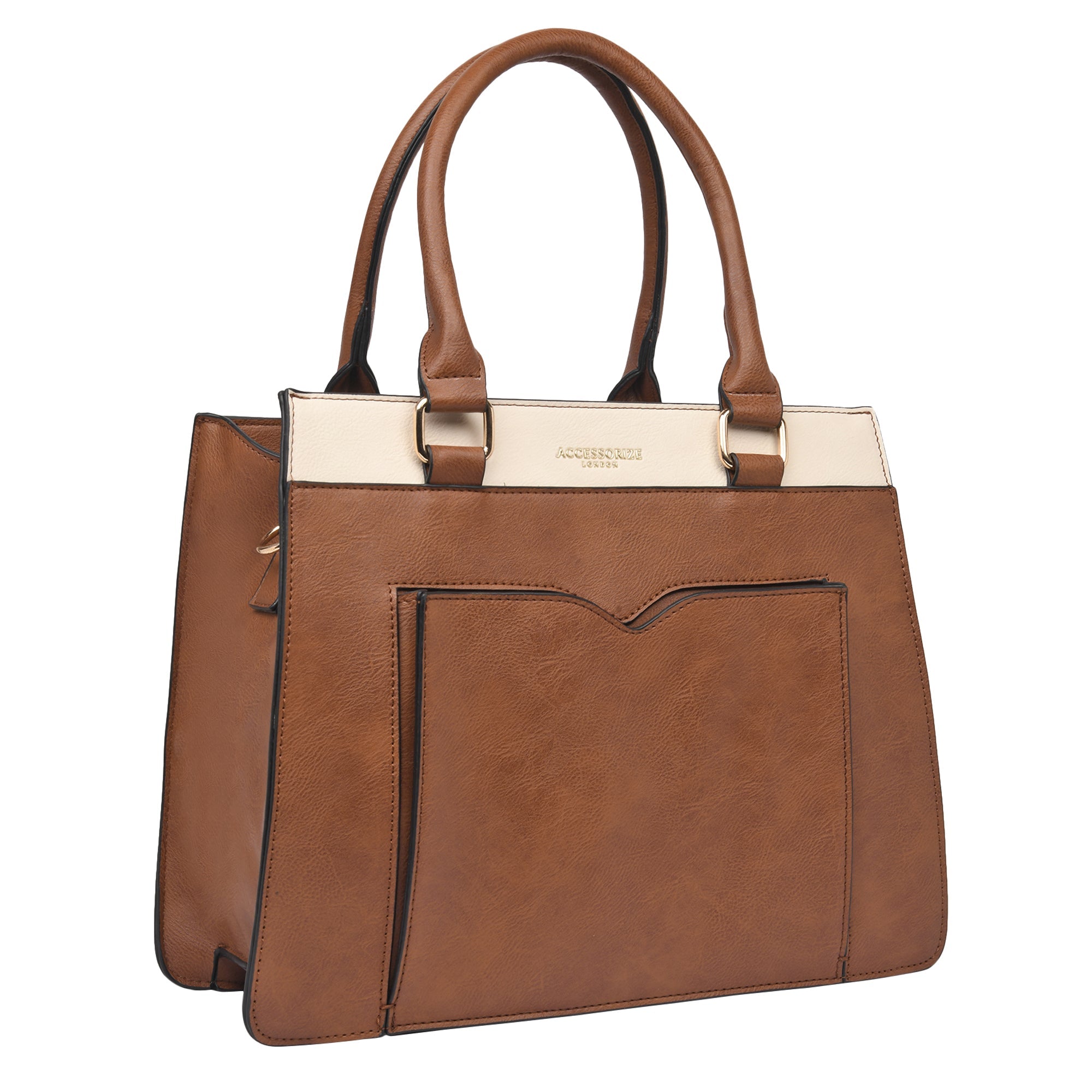 Accessorize London Women's Faux Leather Tan Athena Color Block handheld Bag