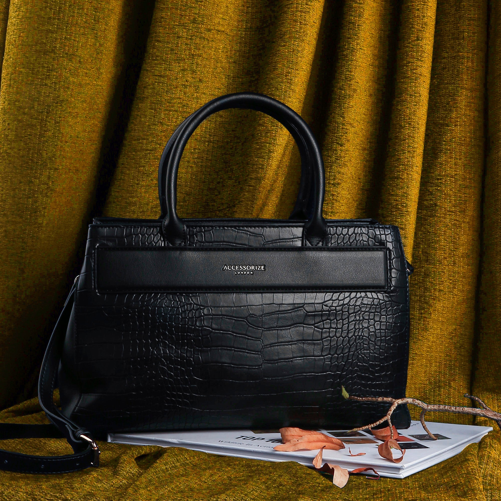 Accessorize London Women's Faux Leather Black Beetel Croc Handheld Bag