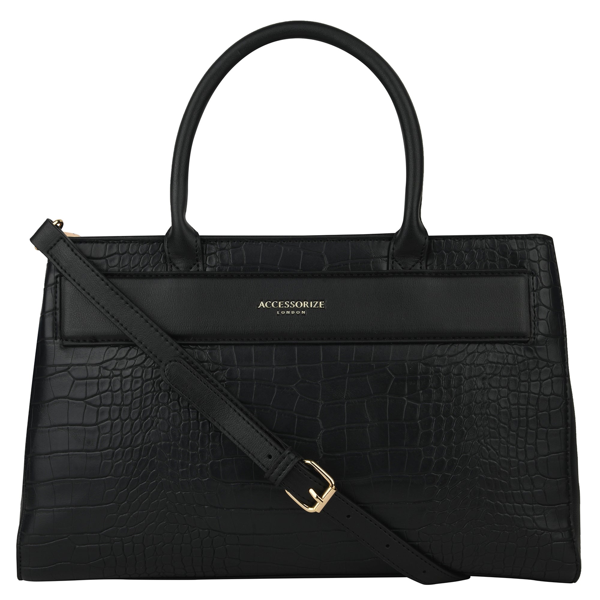 Accessorize London Women's Faux Leather Black Beetel Croc Handheld Bag