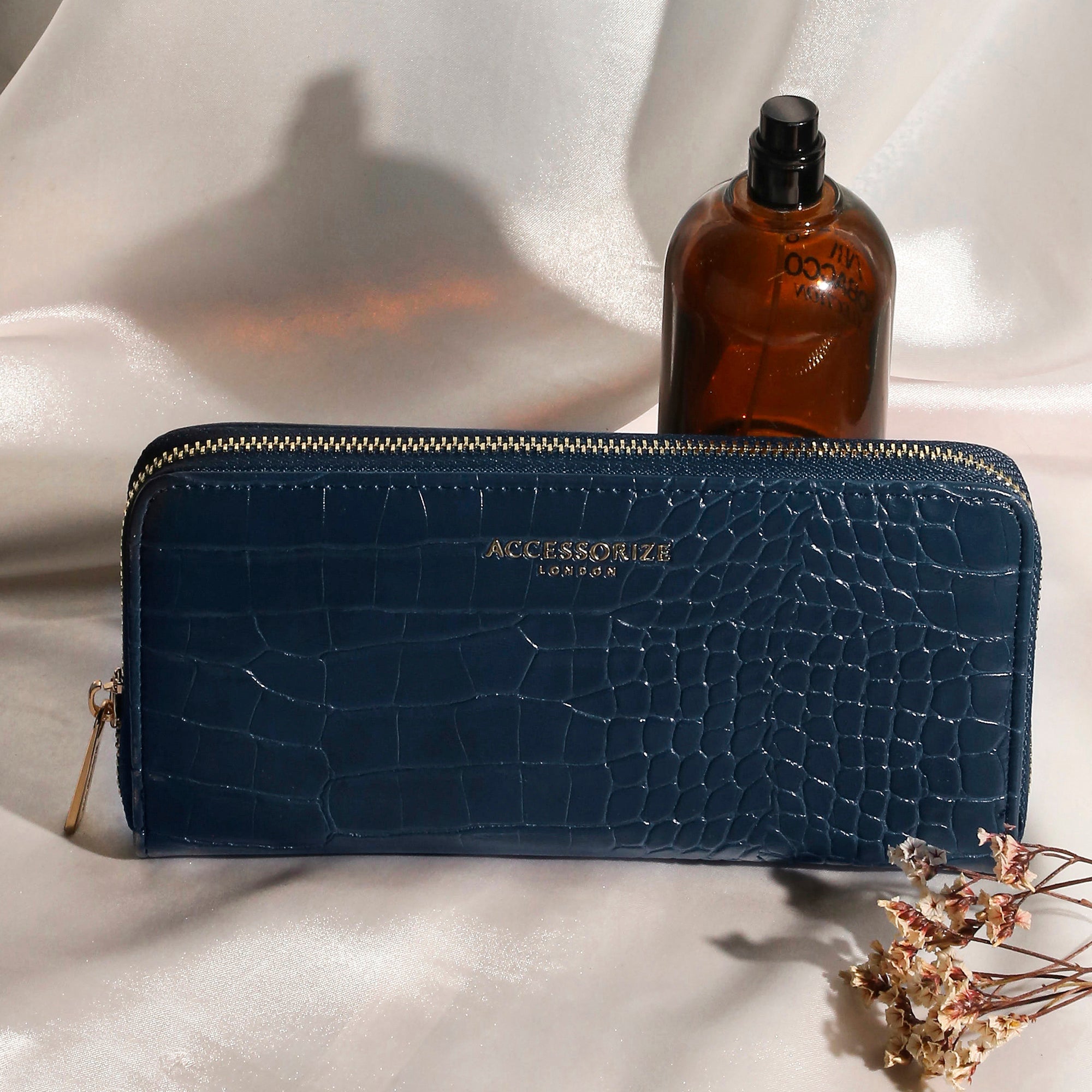 Accessorize London Women's Faux Leather Blue Adela Croc Zip around Large Wallet