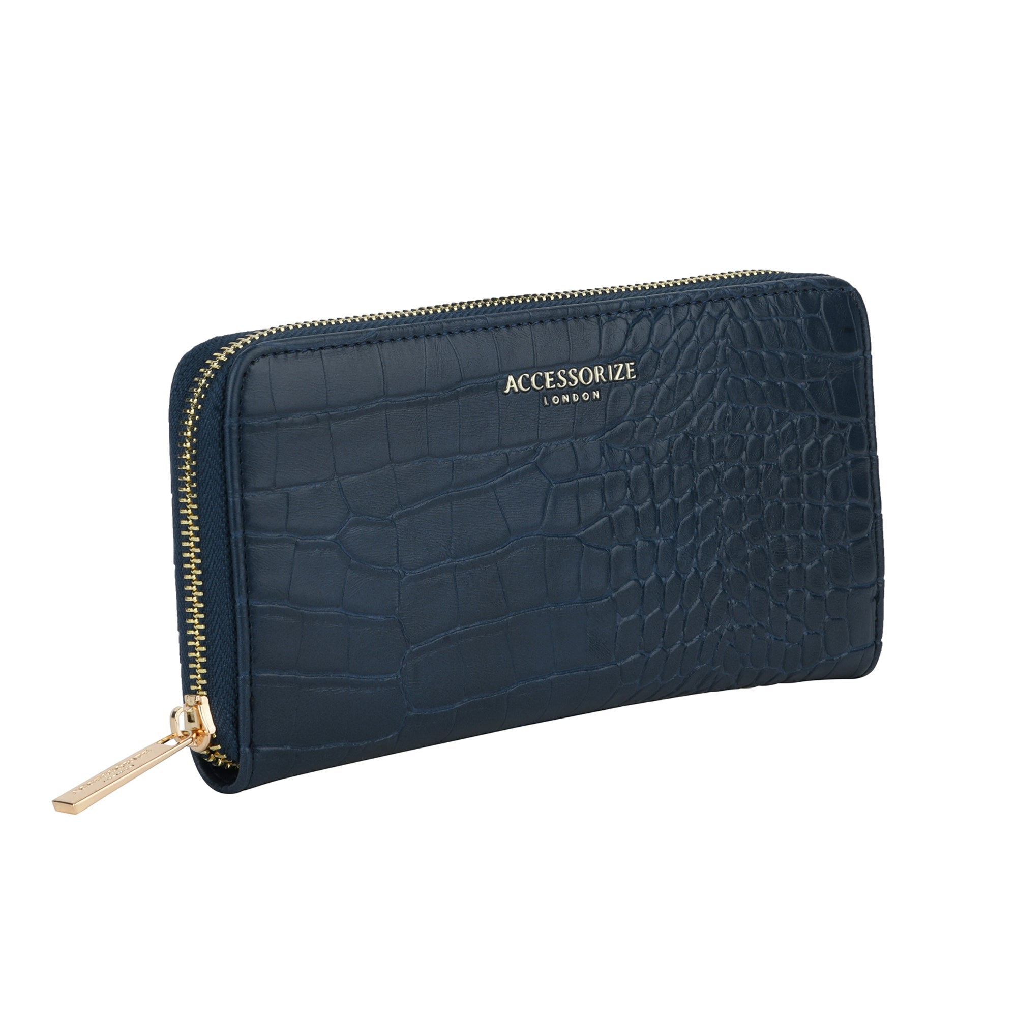Accessorize London Women's Faux Leather Blue Adela Croc Zip around Large Wallet