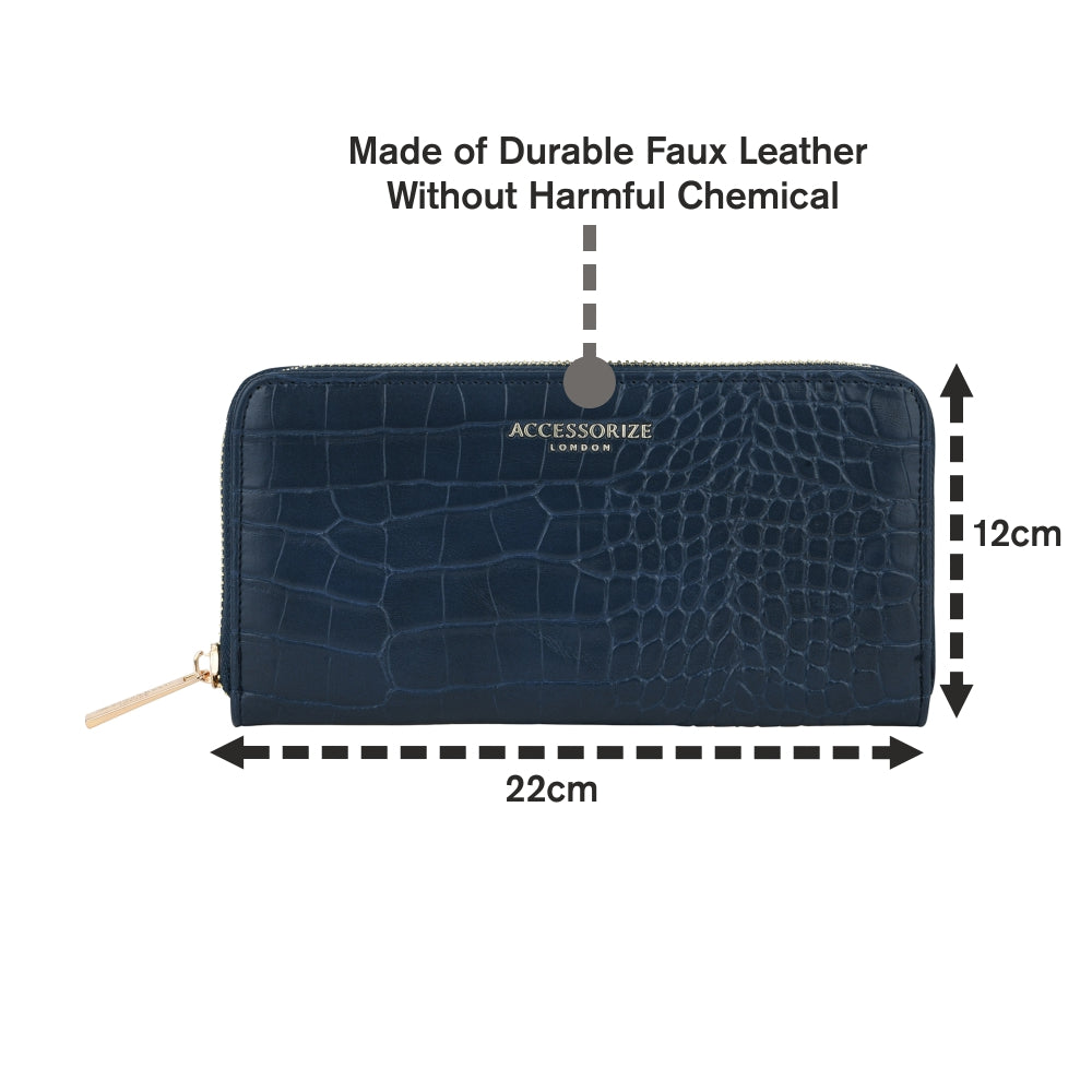 Accessorize London Women's Faux Leather Blue Adela Croc Zip around Large Wallet