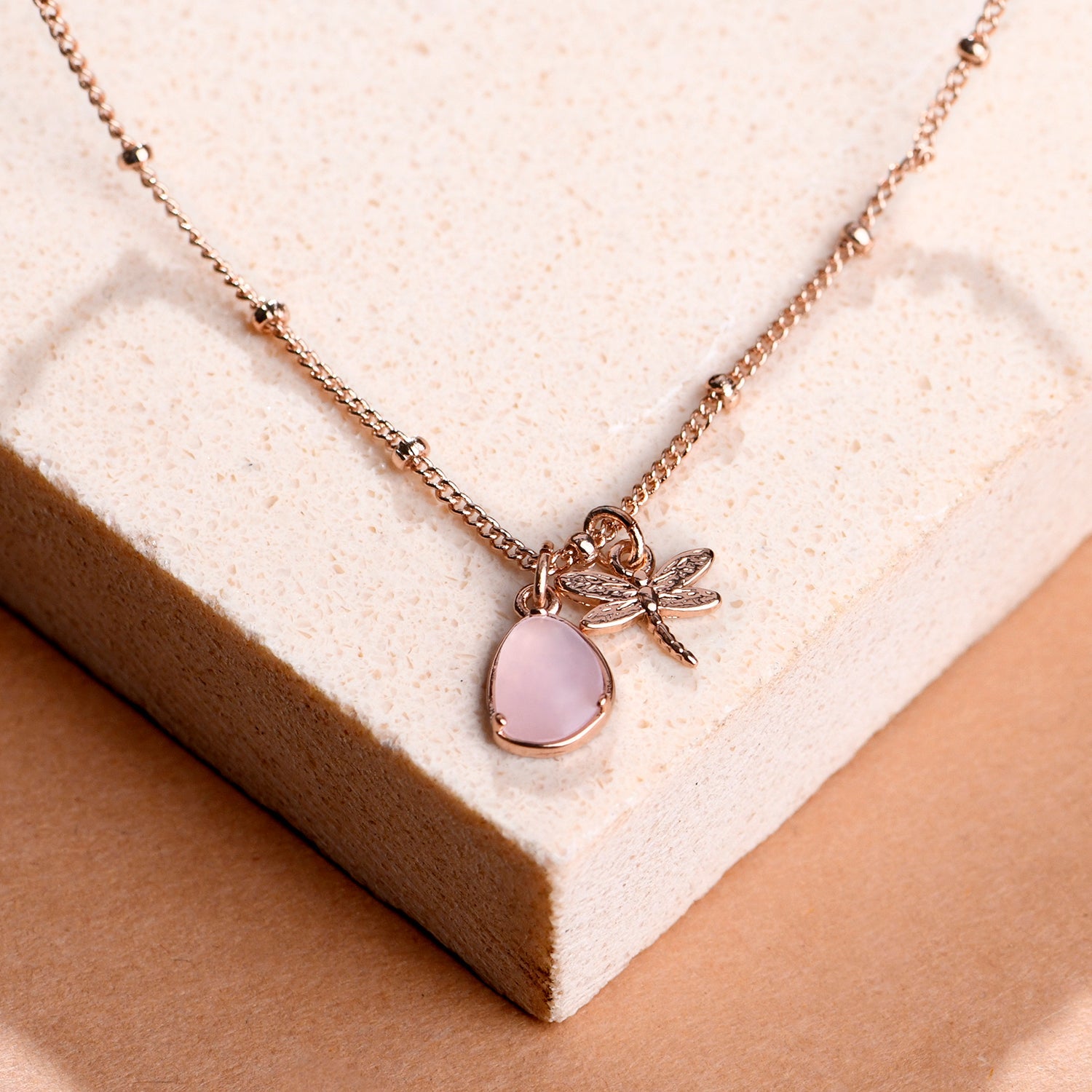 Real Gold Plated Rose gold Dragonfly & Rose Quartz Pendant