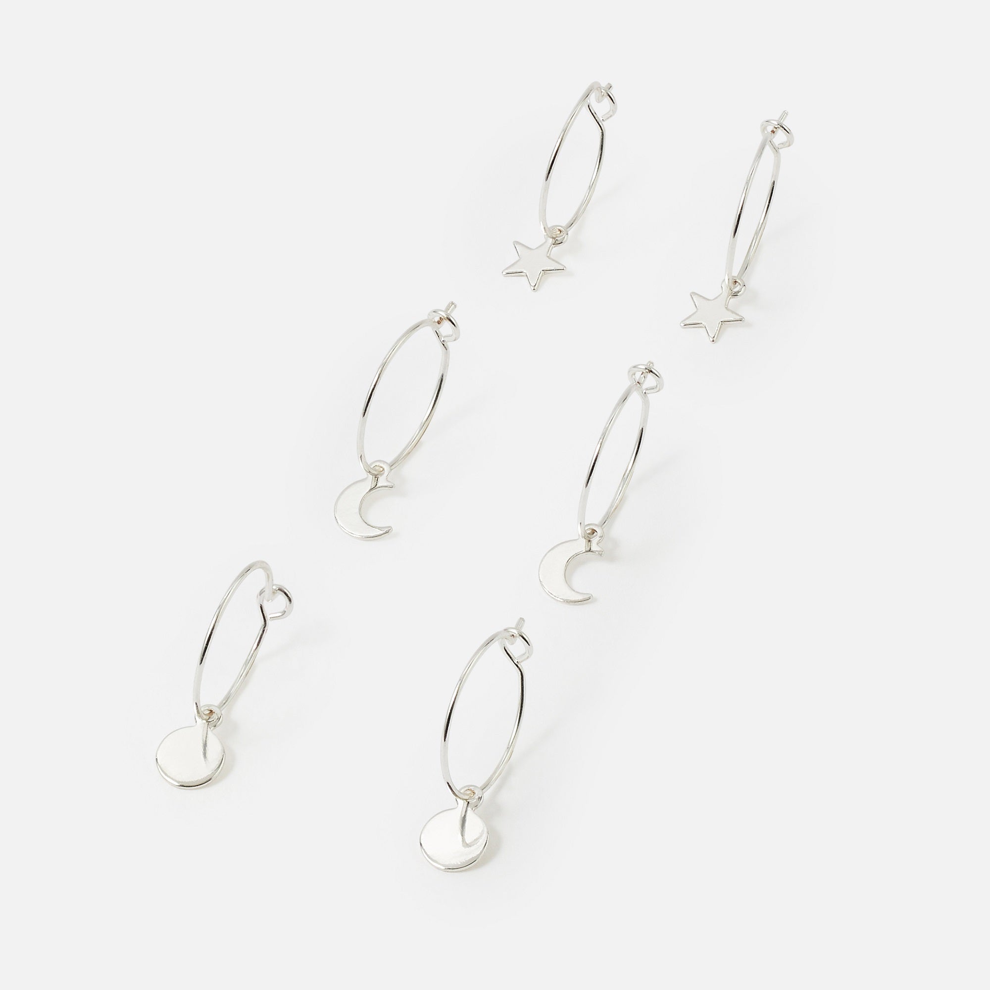 Accessorize London Women's Silver 3 X Star Moon Hoop Earring Pack