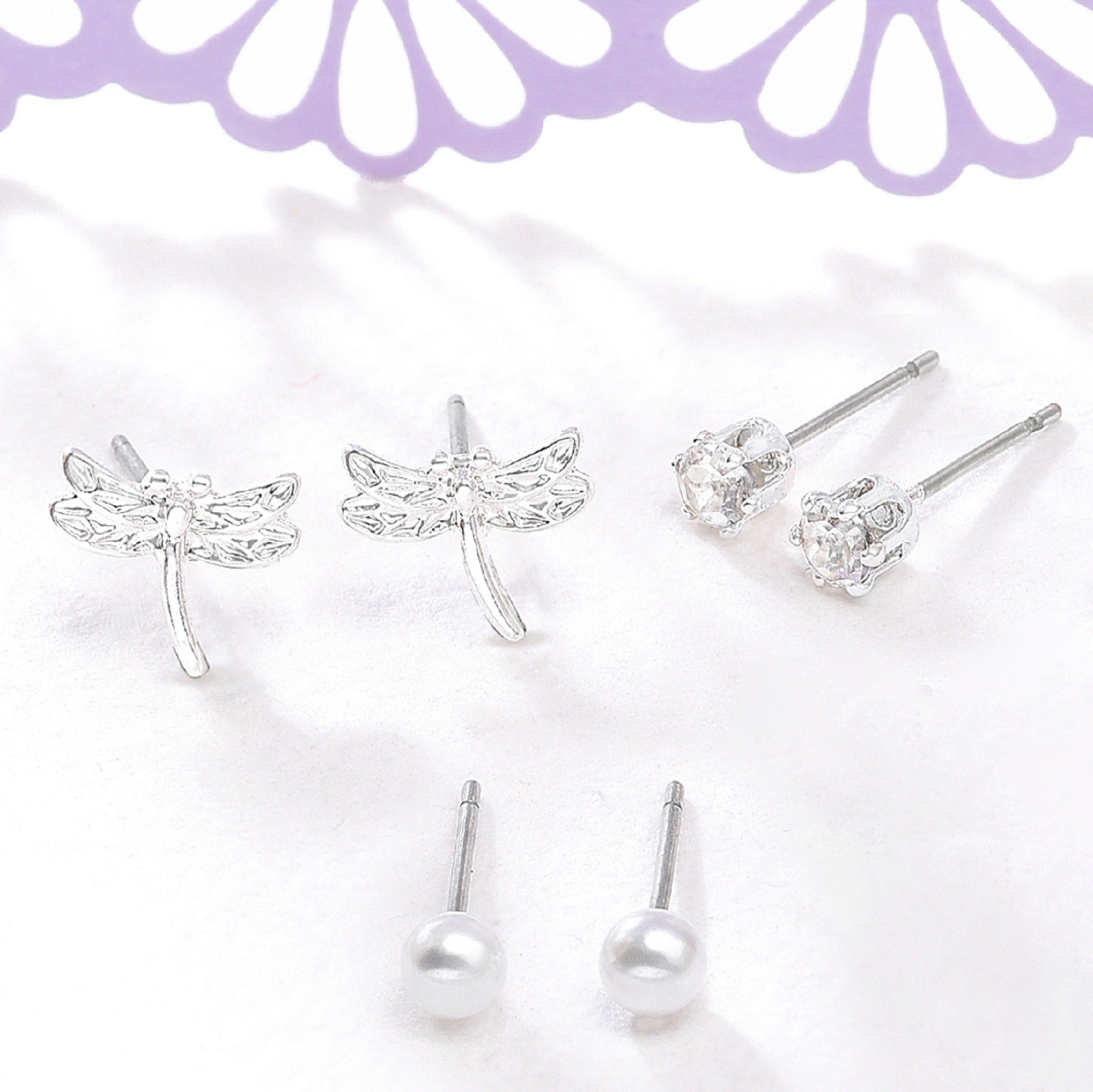 Accessorize London Women's Silver 3 X Dragonfly Stud Earring Set
