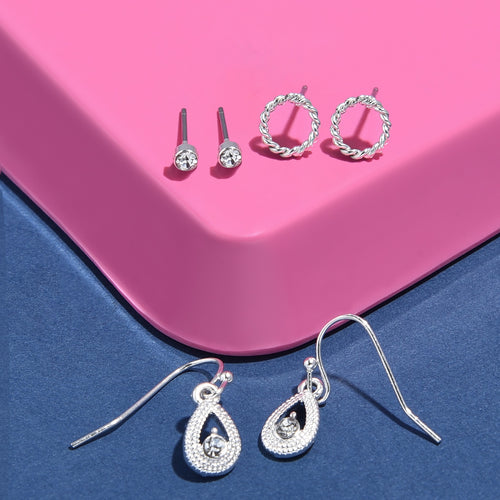 Accessorize London Women'S Silver Set Of 3 Crystal Shapes Short Drop Earring Pack