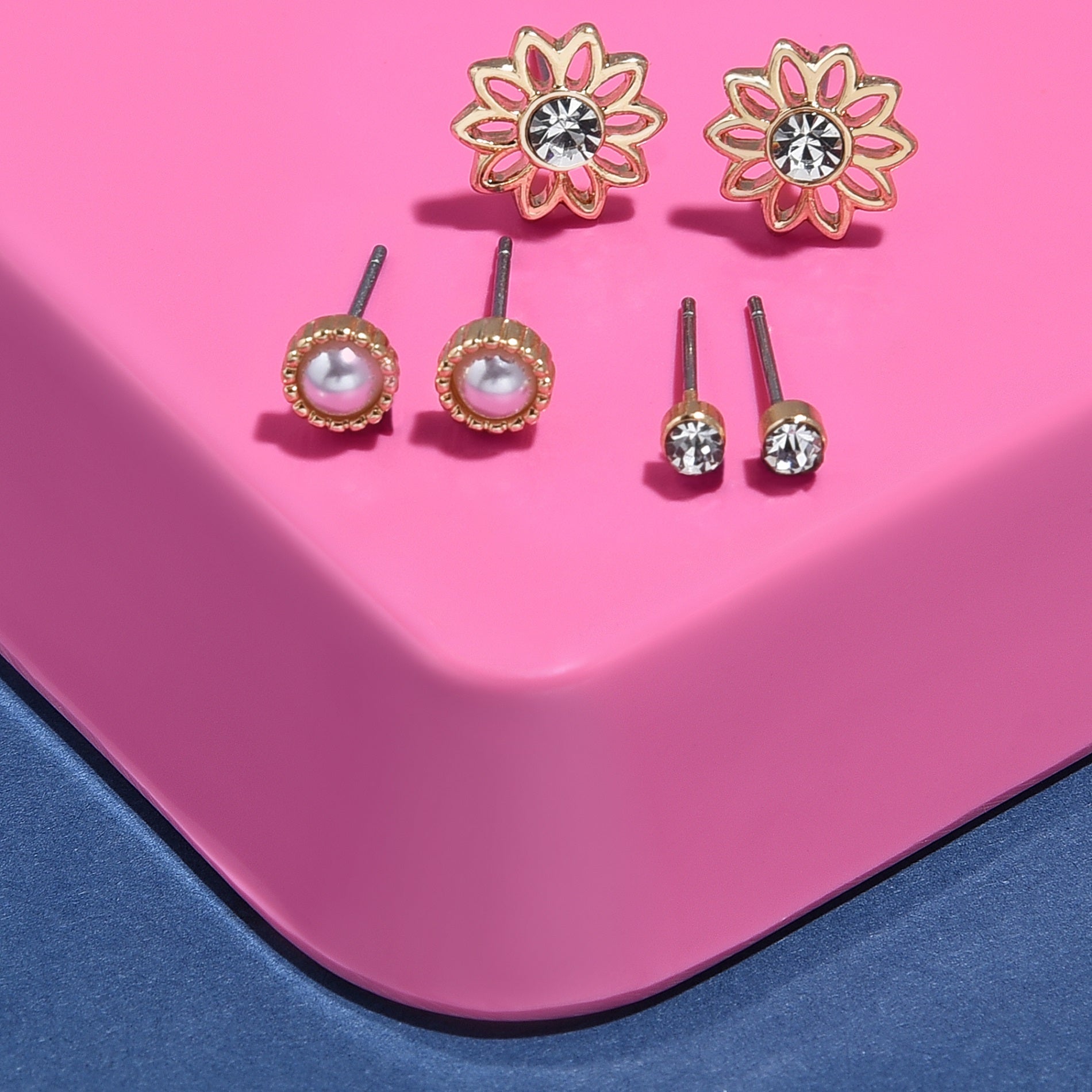 Accessorize London Women's Set of 3 Flower Pearl Stud Earring pack