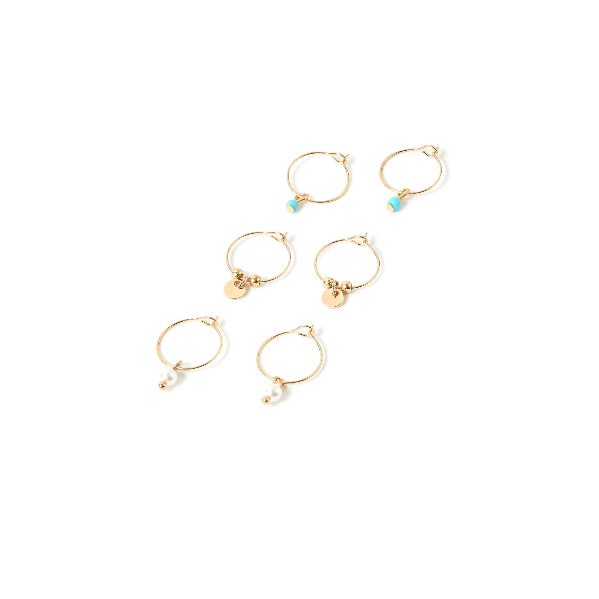 Accessorize London Women's Gold Set of 3 Turq & Pearl Hoop Earring Pack