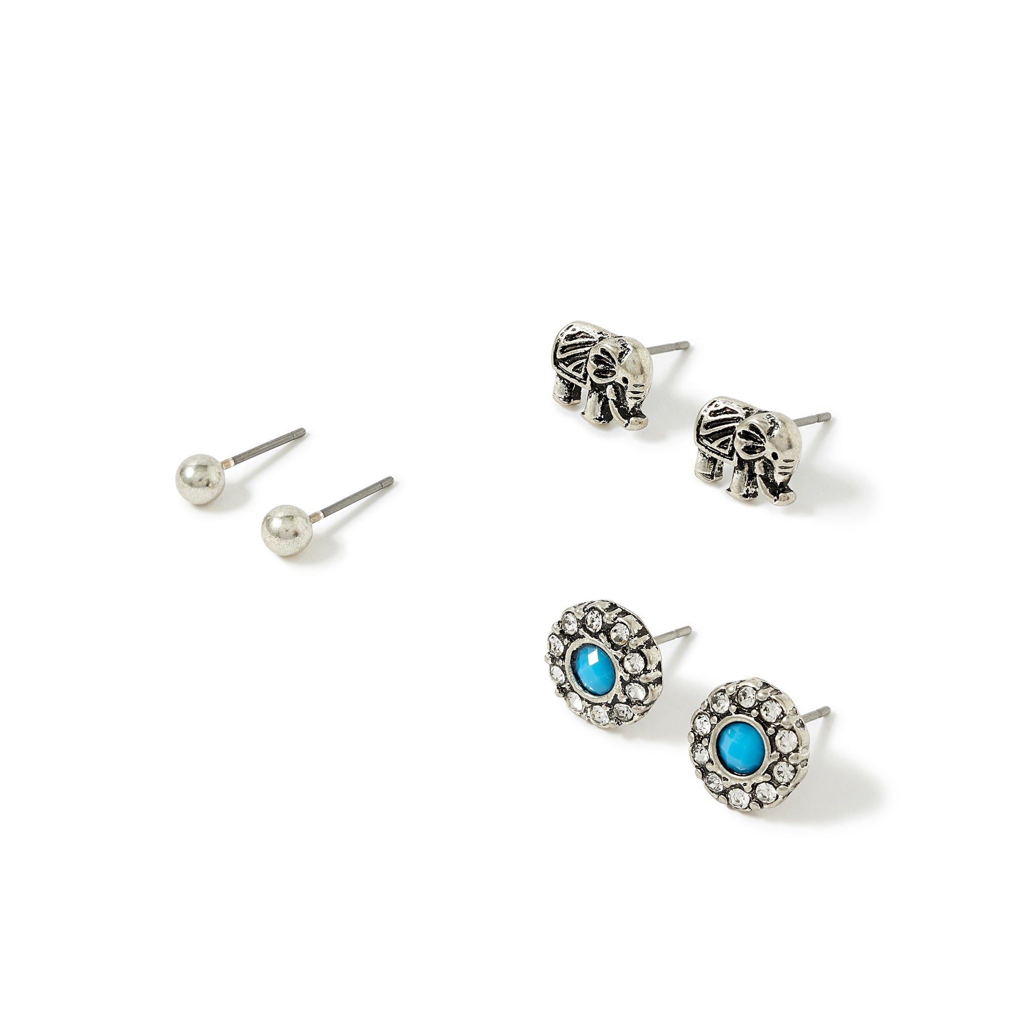 Accessorize London Women's Silver Set of 3 Elephant Stud Earring pack