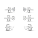 925 Pure Sterling Silver Set Of 3 Heart Sparkle Stud Earring Pack