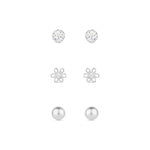 925 Pure Sterling Silver Set Of 3 Flower Crystal Pearl Stud Earring Pack