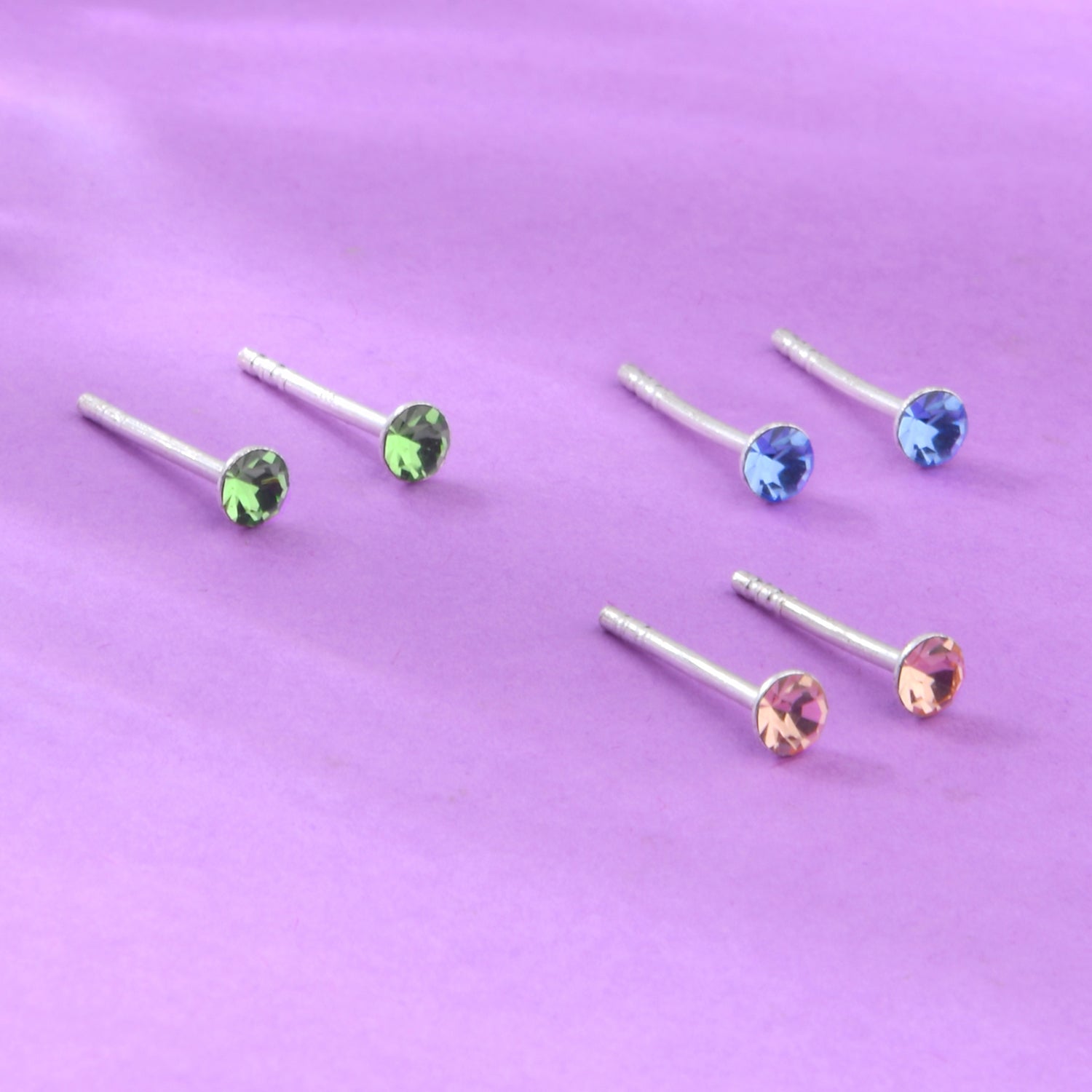 925 Pure Sterling Silver Set Of 3 Pastel Crystal Studs