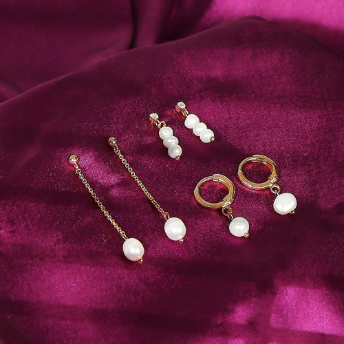 Real Gold Plated Set of 3 Pearl Drop & Hoops Earring For Women By Accessorize London