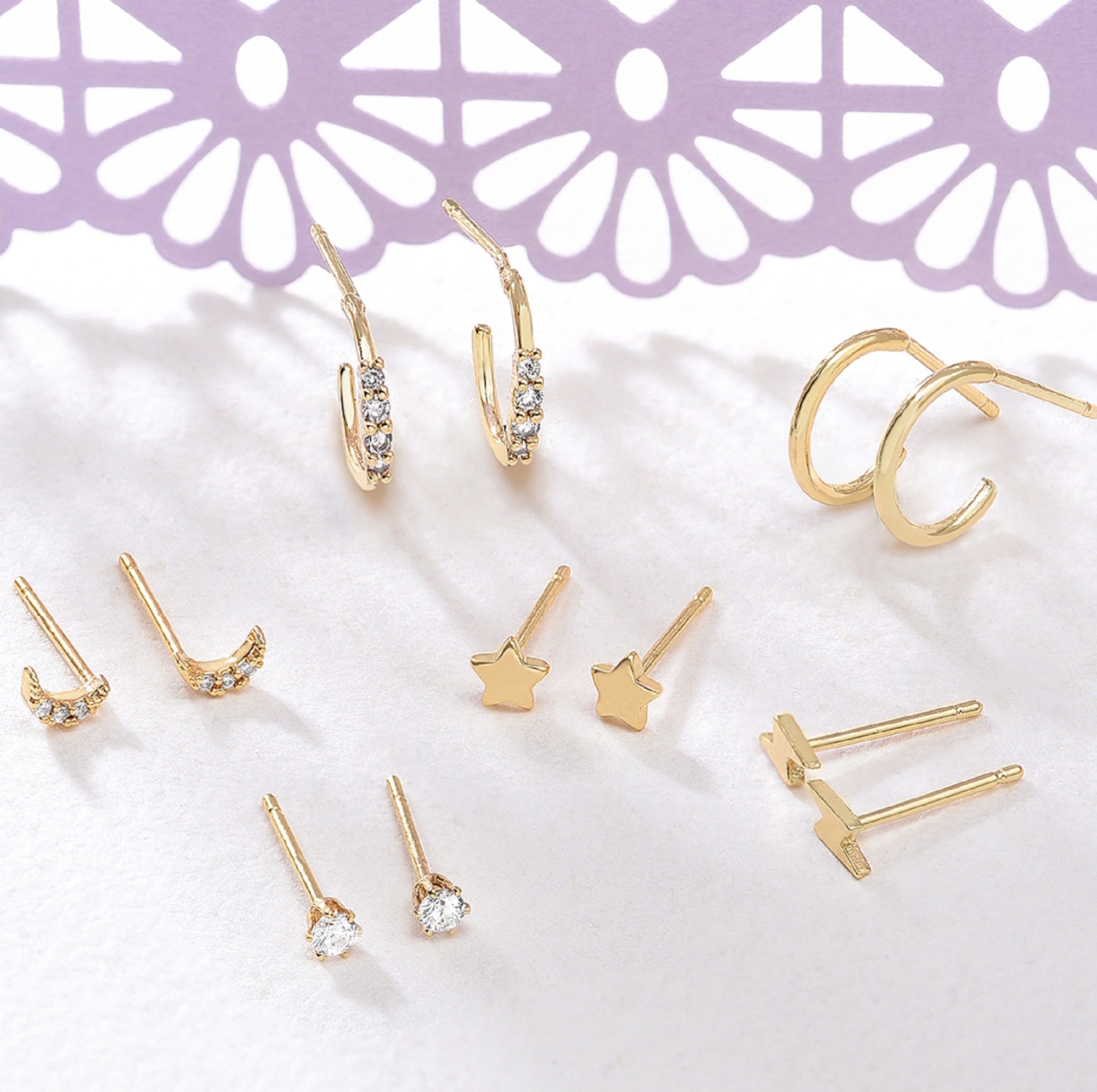 Real Gold Plated set of 12 Star Moon Stud And Hoop Earring Set For Women By Accessorize London